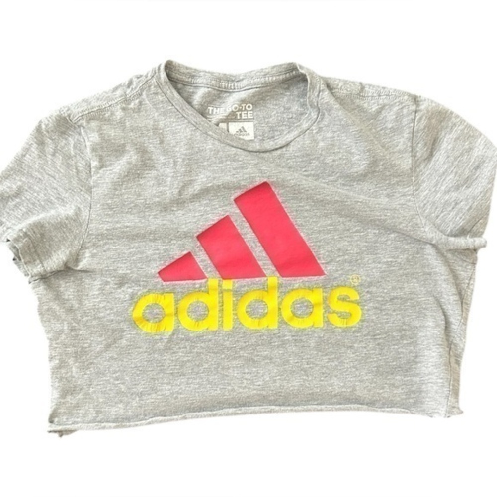 adidas Women's Light Gray Crop Tee with Pink Logo and Yellow Wordmark